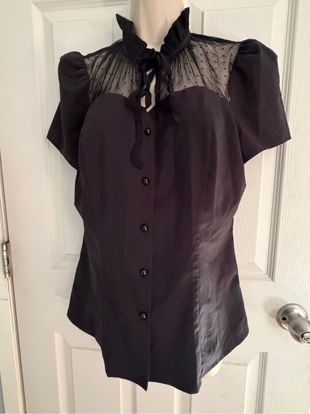 Belle Poque Black Sheer Mesh Polka Dot Tie Neck Button Up Blouse Size L